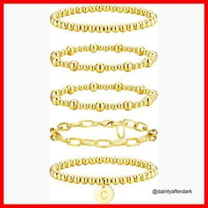 18K Gold Plated Initial Stretch Bead Ball Stackable Bracelet Set
